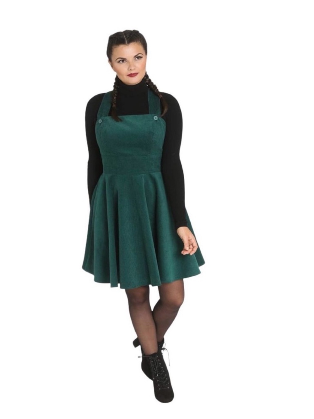 Hell Bunny Wonder Years Dark Green Corduroy Pinafore Dress